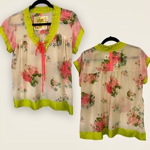 Johnny Was Floral Semi Sheer Blouse Lime Green Detailing